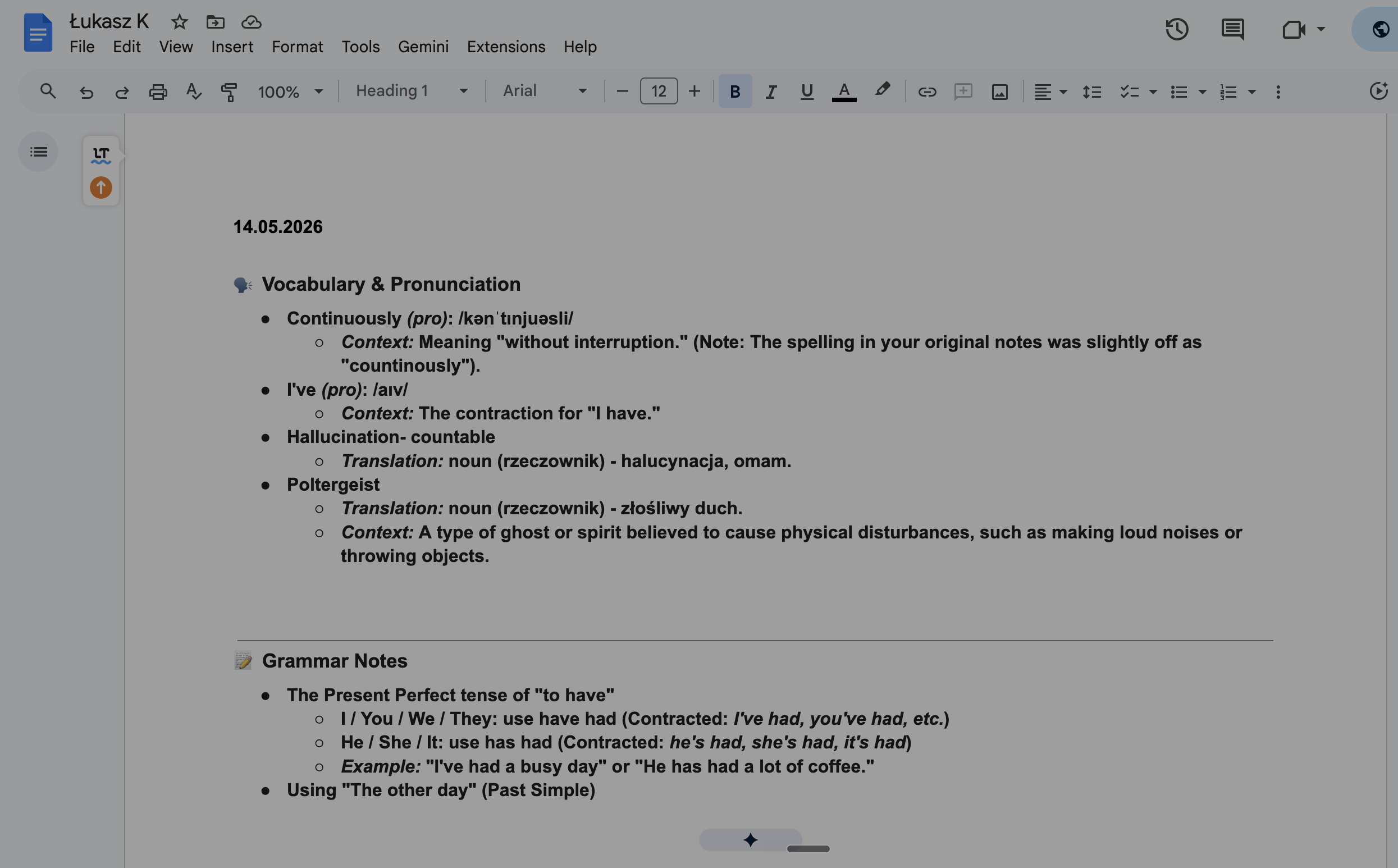 [Zrzut ekranu notatek z lekcji w Google Docs]